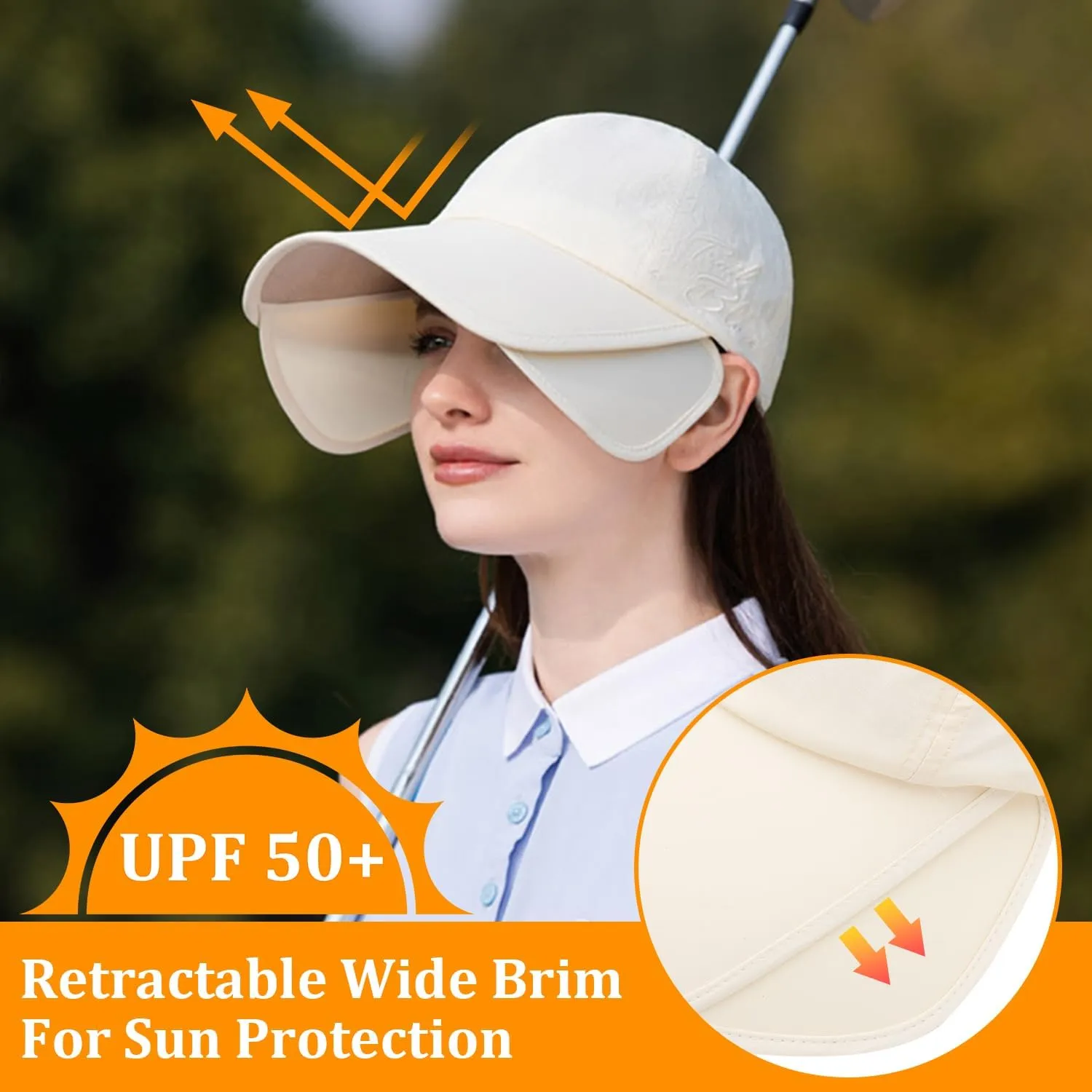 Peicees Wide Brim Baseball Cap for Women Mens Sun Hat with Retractable Brim UV Sun Protection for Golf Tennis Sports Hiking