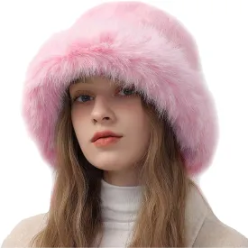 Peicees Winter Bucket Hat for Women Girls Fur Russian Ushanka Ladies Fluffy Snow Hat Fuzzy Fisherman Cap Warm Cute