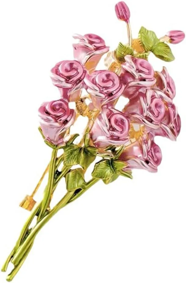 Pink Rose Bouquet Brooch for Women Girls Fashion Flower Lapel Pin for Party Prom Elegant Accessories Enamel Leaf Breastpin Decorative Floral Dress Suit Hat Bag Wedding Valentine Mother's Day Christmas