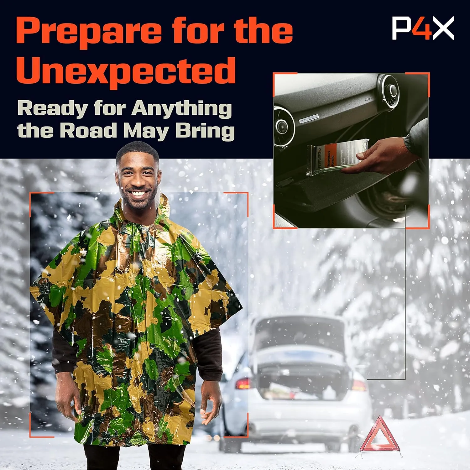 PREPARED4X Emergency Poncho and Mylar Blanket Liner - Waterproof, Wind-Resistant Outdoor Rain Poncho for Camping, Emergencies