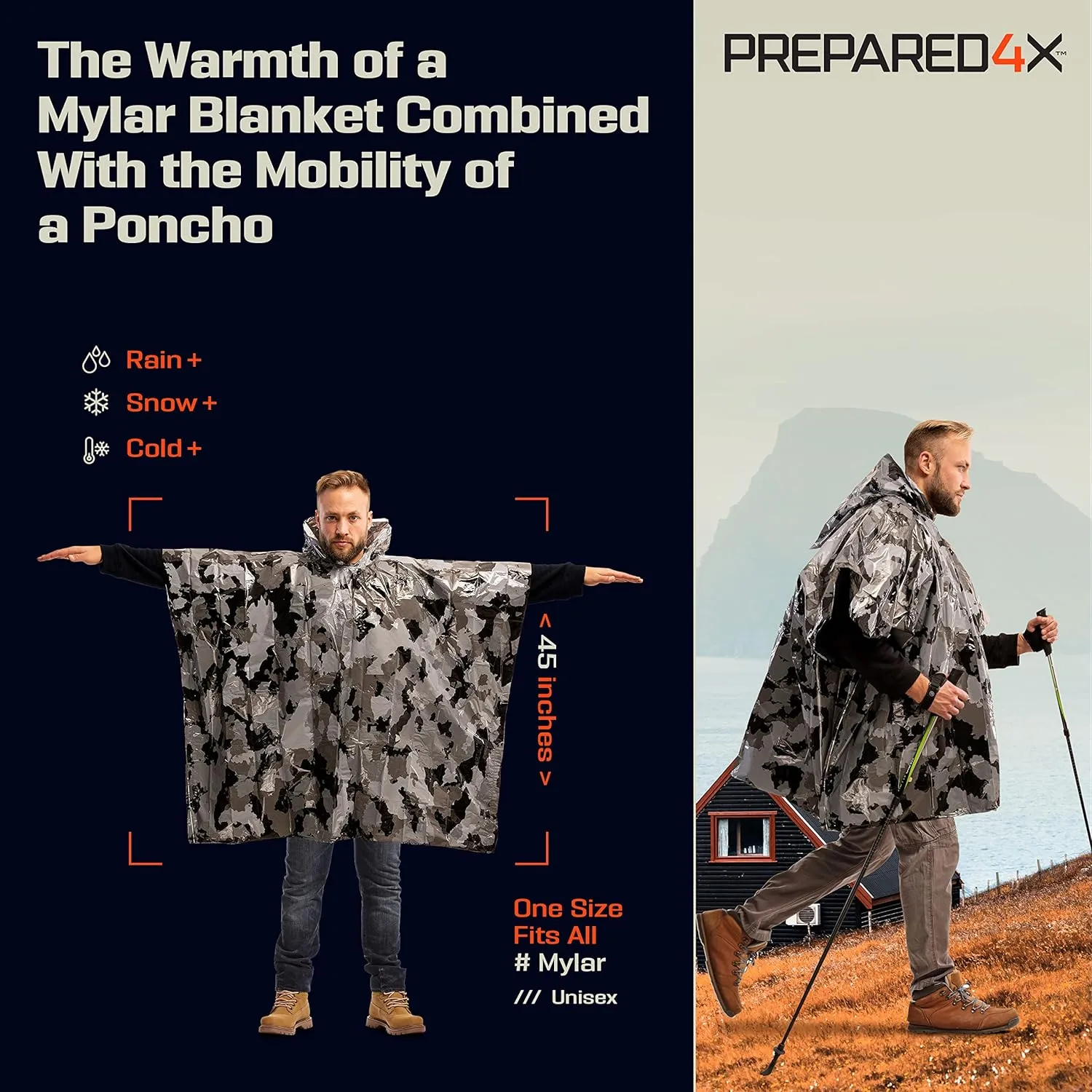 PREPARED4X Emergency Poncho and Mylar Blanket Liner - Waterproof, Wind-Resistant Outdoor Rain Poncho for Camping, Emergencies
