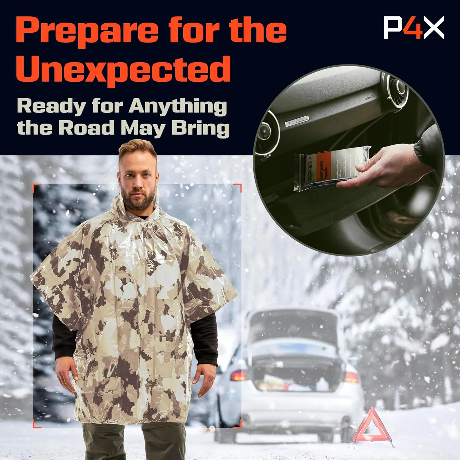 PREPARED4X Emergency Poncho and Mylar Blanket Liner - Waterproof, Wind-Resistant Outdoor Rain Poncho for Camping, Emergencies