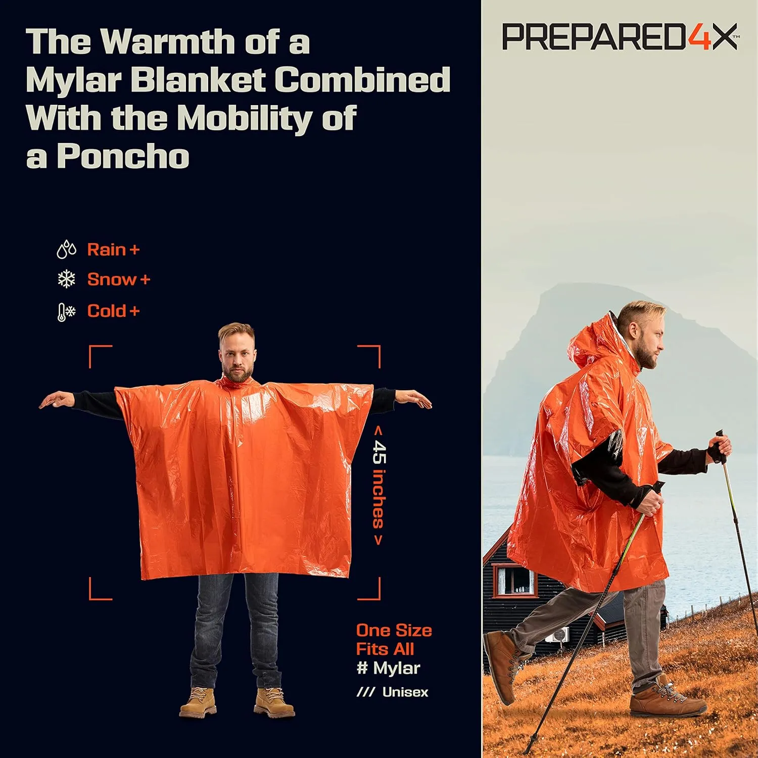 PREPARED4X Emergency Poncho and Mylar Blanket Liner - Waterproof, Wind-Resistant Outdoor Rain Poncho for Camping, Emergencies