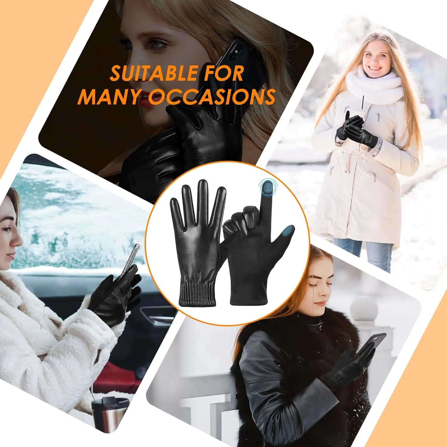 QOF Winter Fashion Leather Gloves for Women,Finger Touchscreen Wool Lined Windproof Warm Suede Driving Gloves