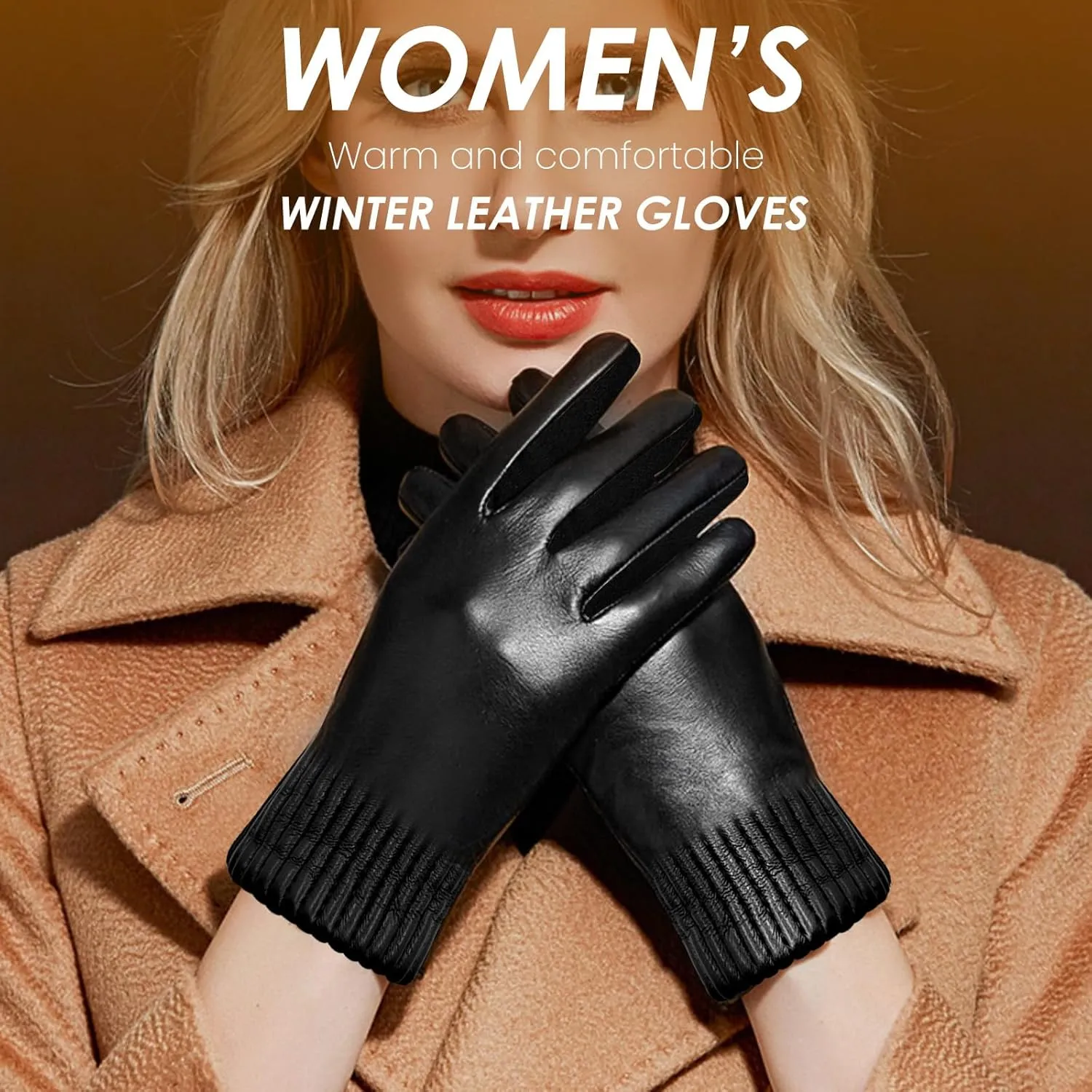 QOF Winter Fashion Leather Gloves for Women,Finger Touchscreen Wool Lined Windproof Warm Suede Driving Gloves
