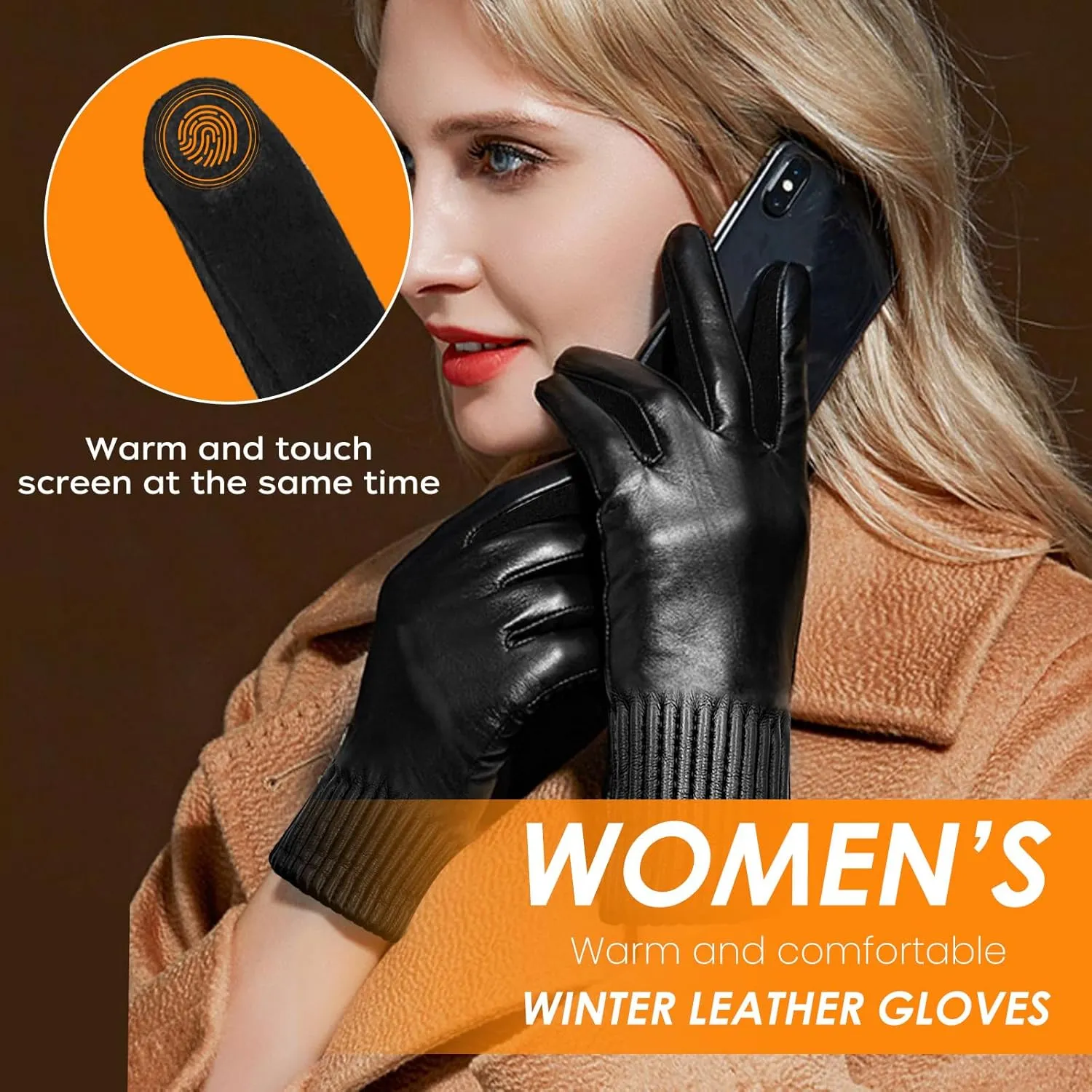 QOF Winter Fashion Leather Gloves for Women,Finger Touchscreen Wool Lined Windproof Warm Suede Driving Gloves