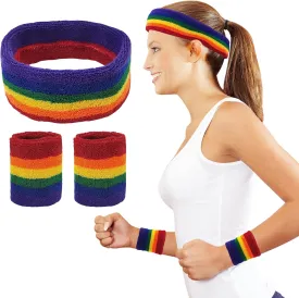 Rainbow Color 3-Piece Sweatband Set - Headband and 2 Wristbands, Made of Moisture-Wicking Polyester-Spandx-Latex Material, for Men and Women in Sports, Yoga, Running, Breathable Comfort
