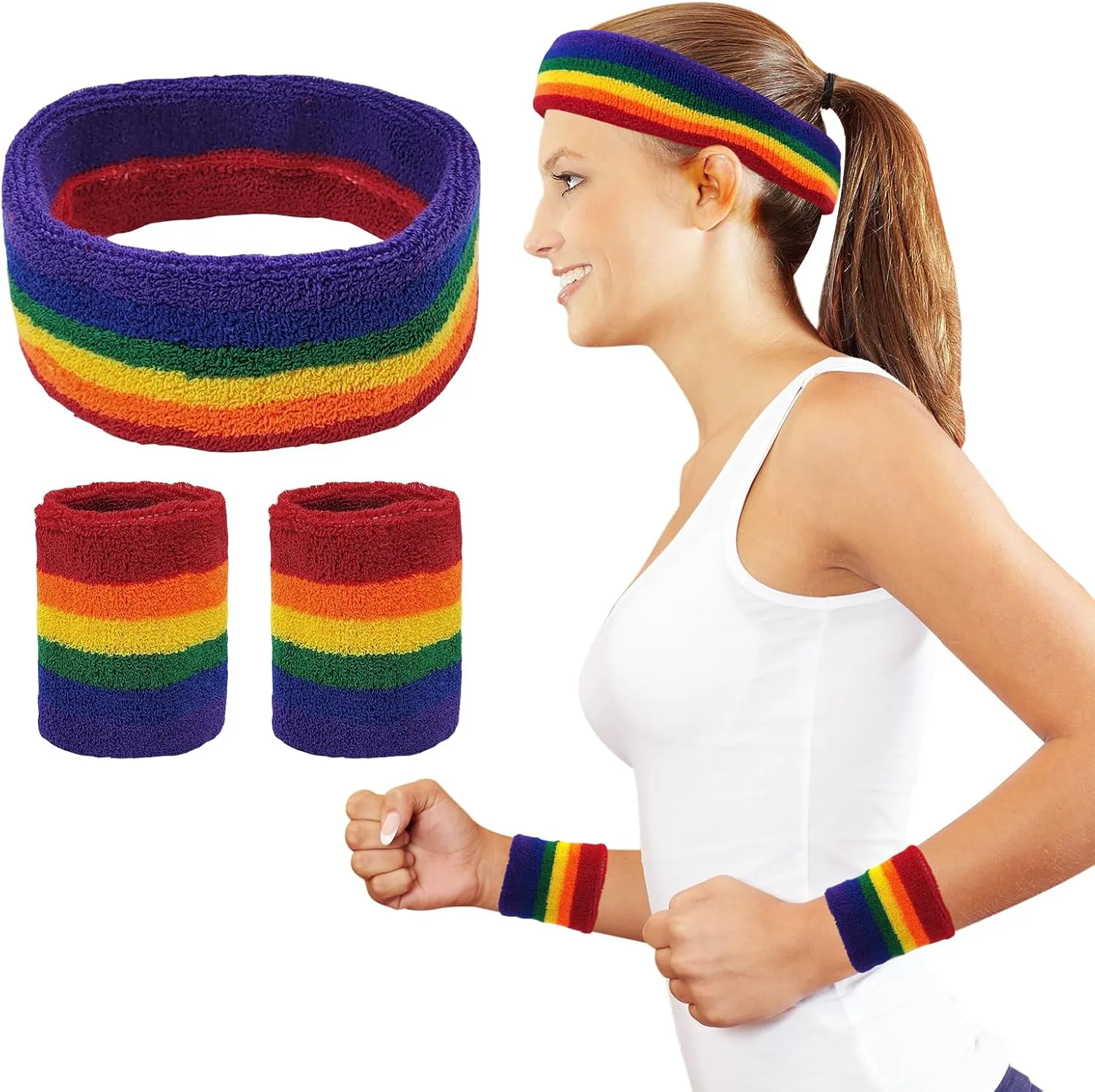 Rainbow Color 3-Piece Sweatband Set - Headband and 2 Wristbands, Made of Moisture-Wicking Polyester-Spandx-Latex Material, for Men and Women in Sports, Yoga, Running, Breathable Comfort