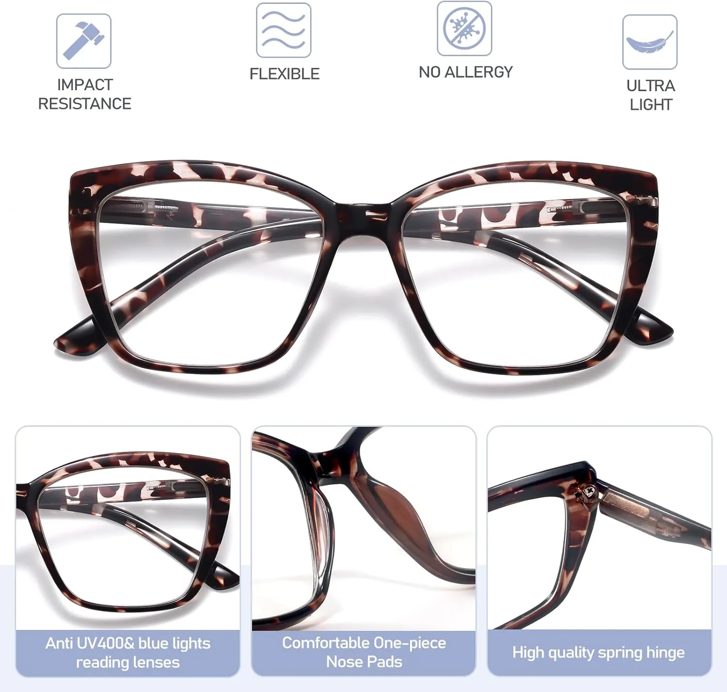 Reading Glasses Women, 3 pack Fashion Oversized Blue Light Readers Women, Spring Hinge Cat Eye Glasses Anti Eyestrain
