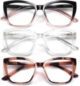Reading Glasses Women, 3 pack Fashion Oversized Blue Light Readers Women, Spring Hinge Cat Eye Glasses Anti Eyestrain