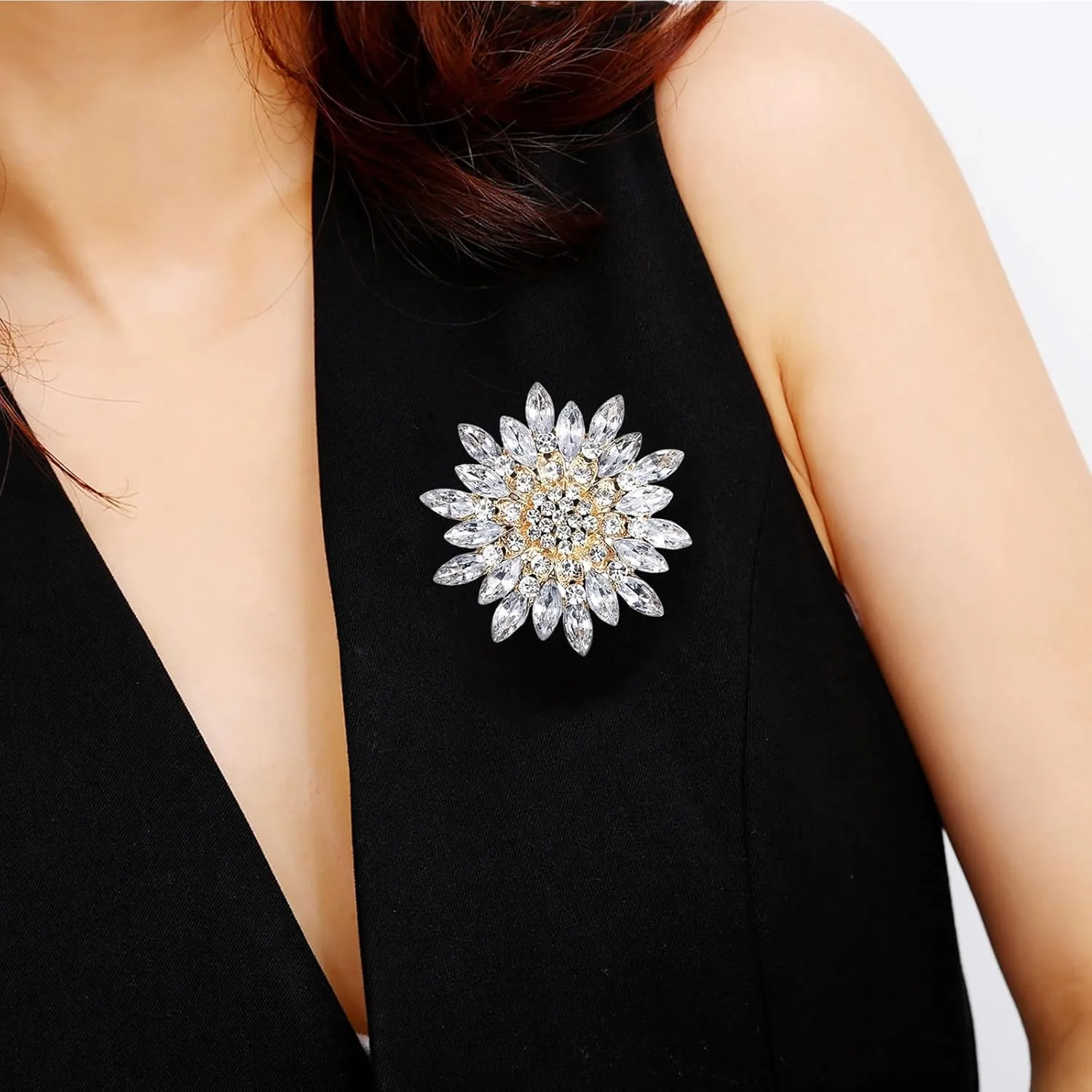 Rhinestone Sunflower Brooch Pin Red Pink Flower Brooch Stylish Crystal Brooch Elegant Clothing Hat Bag Accessories Jewerly for Women