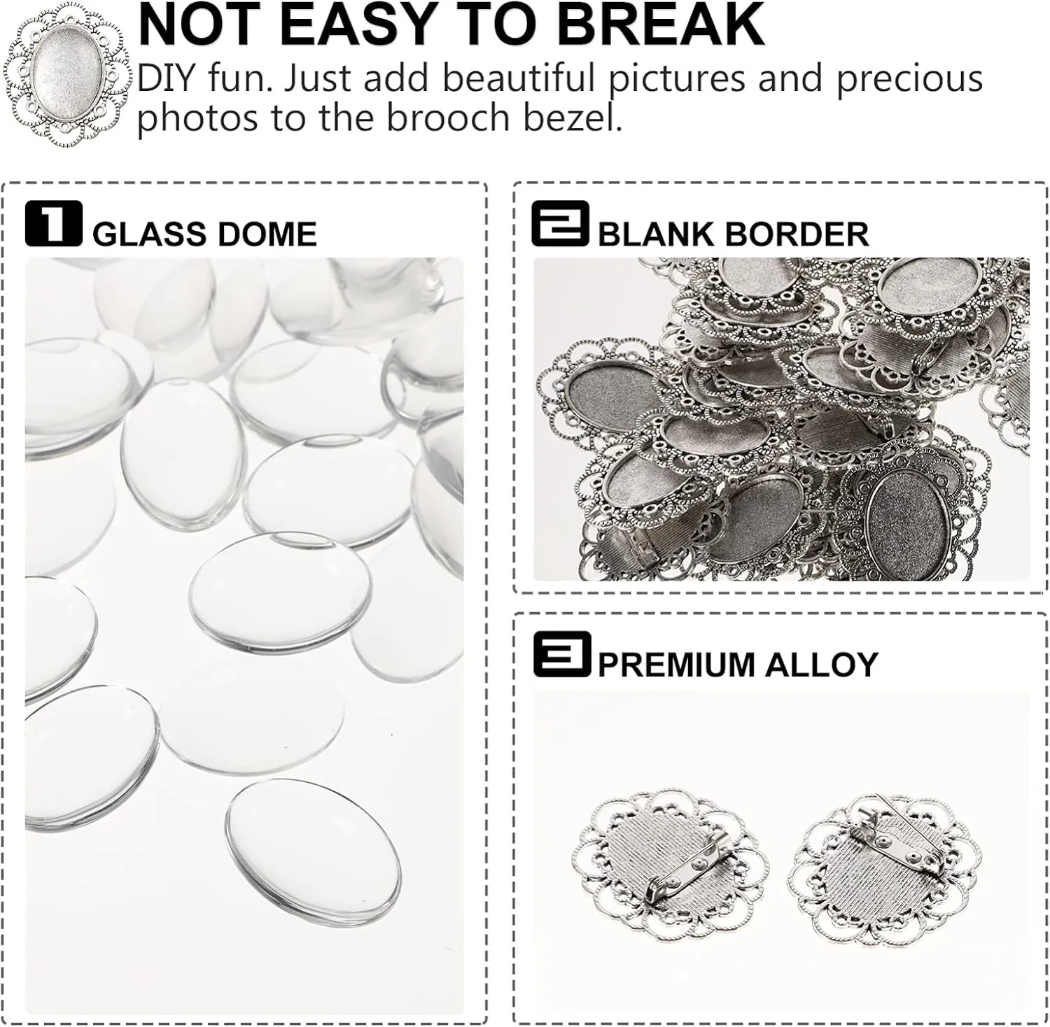 Round Tray 30pcs Pin Brooch Base Setting Antique Oval Alloy Tray Vintage Glass Dome Bezels Blanks Kit with Pin Back Bar Findings for DIY Badge Brooch Making Craft Jewelry Tray