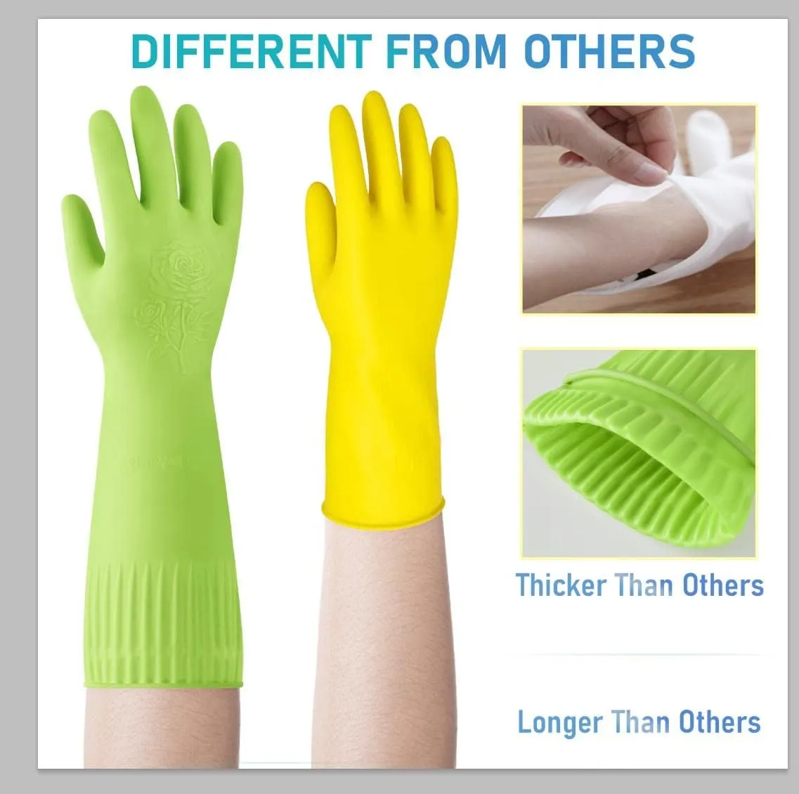 Rubber-Gloves Dishwashing Gloves for Cleaning-Kitchen - 2 Pairs Long Household Cleaning Gloves for Washing Dishes