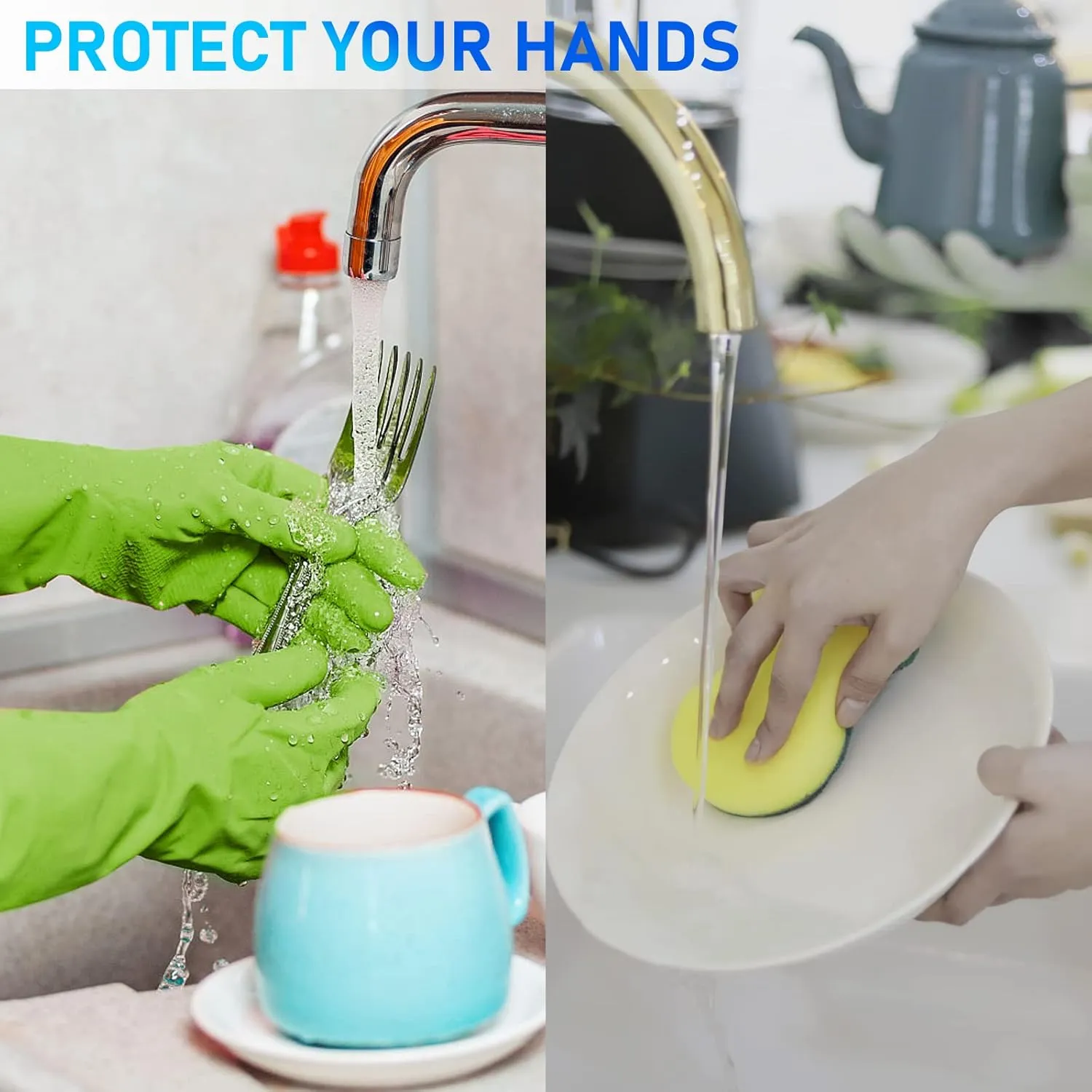 Rubber-Gloves Dishwashing Gloves for Cleaning-Kitchen - 2 Pairs Long Household Cleaning Gloves for Washing Dishes