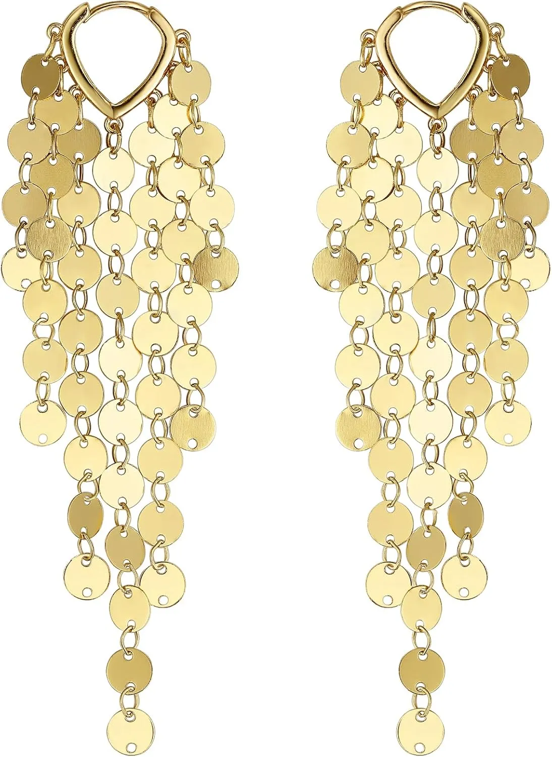 Sequin Metal Tassel Earrings Disc Tassel for Women 18K 14K Gold Plated Trendy Dainty Earrings Lightweight Sparkly Chandelier Hoops Small Leaf