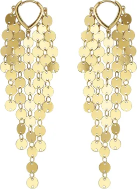 Sequin Metal Tassel Earrings Disc Tassel for Women 18K 14K Gold Plated Trendy Dainty Earrings Lightweight Sparkly Chandelier Hoops Small Leaf