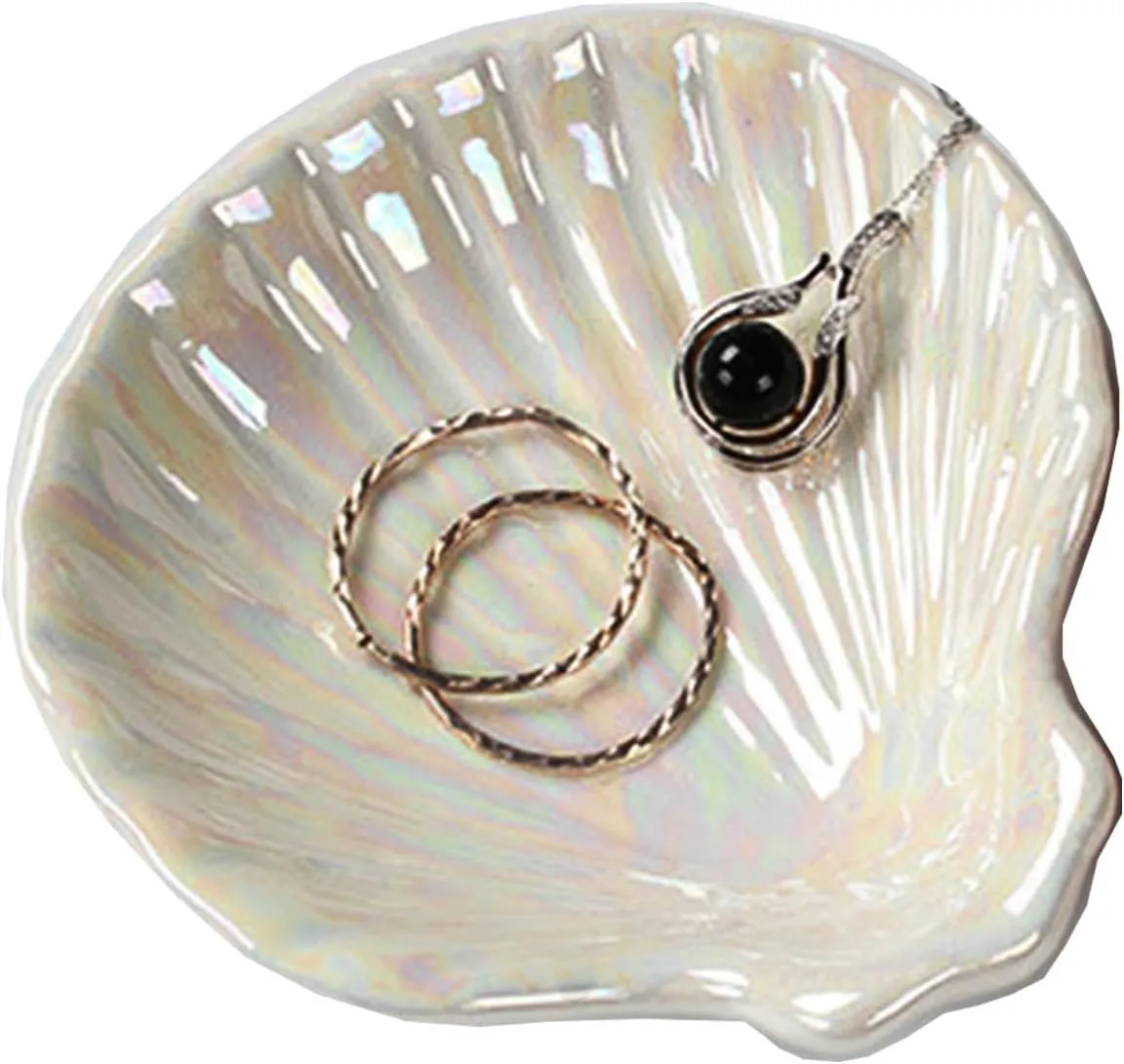 Shell Jewelry Ring Holder, Cute Room Decor Seashell Tray, Small Ceramic Plate Bowl, Engagement Ring Trinket Dish, Wedding Jewelry Tray for Earrings, Keys, 3.9"