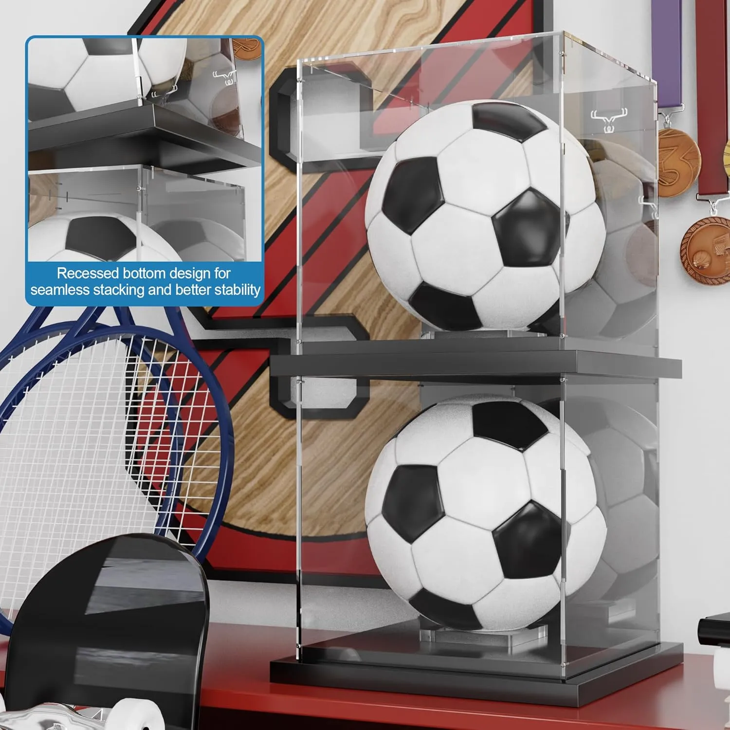 Soccer Ball Display Case Clear Acrylic Display Case Box with Mirror Back and Black Metal Grooved Base Stackable Holder with Removable Built-in Soccer Ball Stand for Sports Collectibles