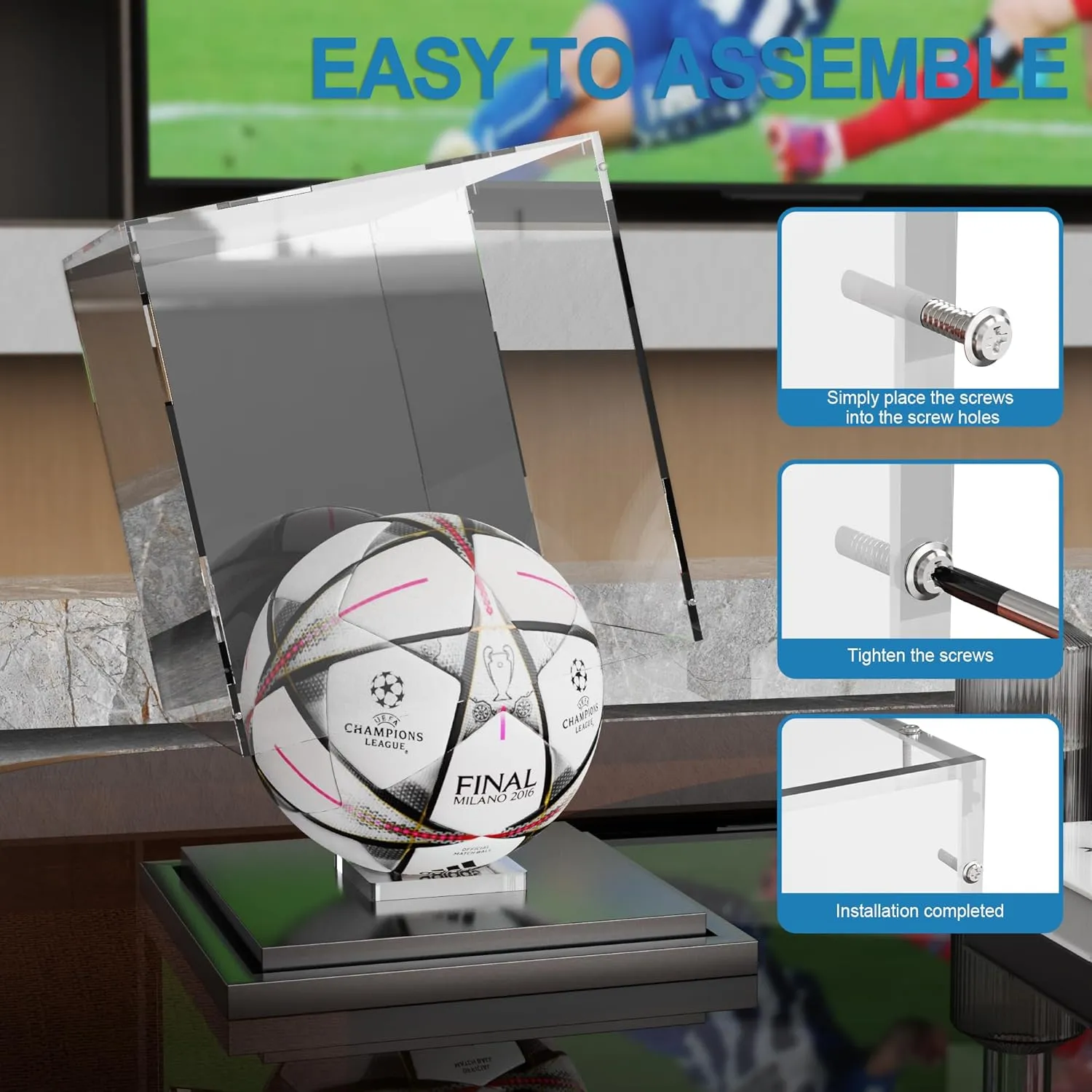 Soccer Ball Display Case Clear Acrylic Display Case Box with Mirror Back and Black Metal Grooved Base Stackable Holder with Removable Built-in Soccer Ball Stand for Sports Collectibles