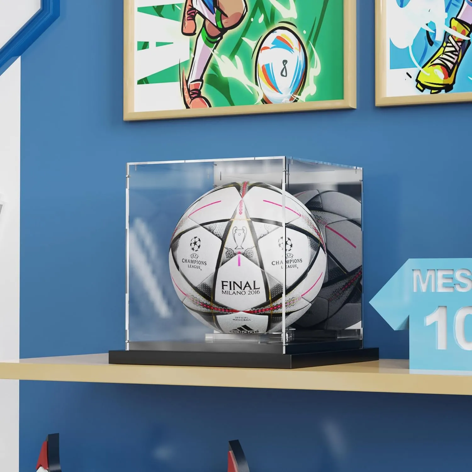 Soccer Ball Display Case Clear Acrylic Display Case Box with Mirror Back and Black Metal Grooved Base Stackable Holder with Removable Built-in Soccer Ball Stand for Sports Collectibles