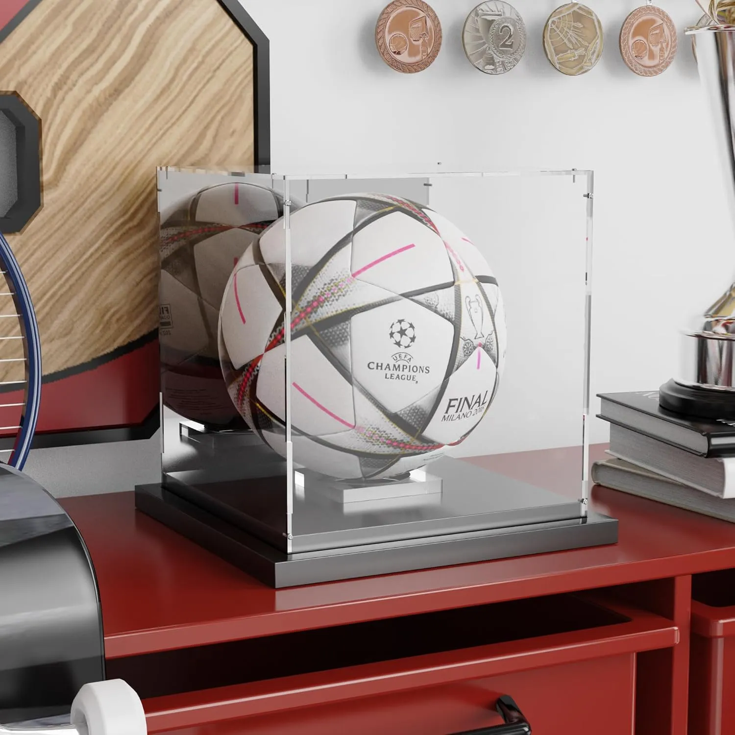 Soccer Ball Display Case Clear Acrylic Display Case Box with Mirror Back and Black Metal Grooved Base Stackable Holder with Removable Built-in Soccer Ball Stand for Sports Collectibles