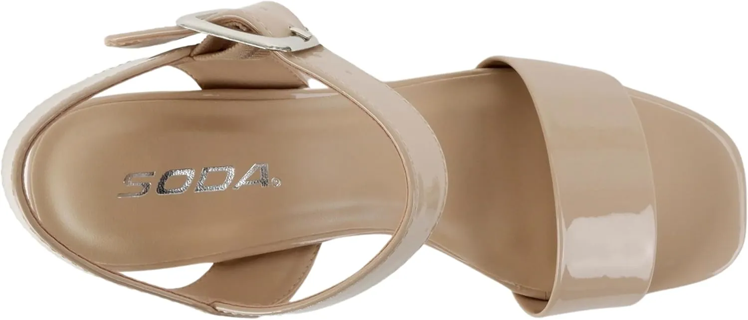 Soda MACEY ~ Women Open Square Toe Single Band High Heel Platform Dress Sandal with Adjustable Ankle Strap