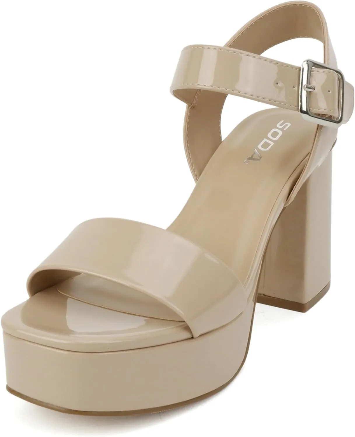 Soda MACEY ~ Women Open Square Toe Single Band High Heel Platform Dress Sandal with Adjustable Ankle Strap