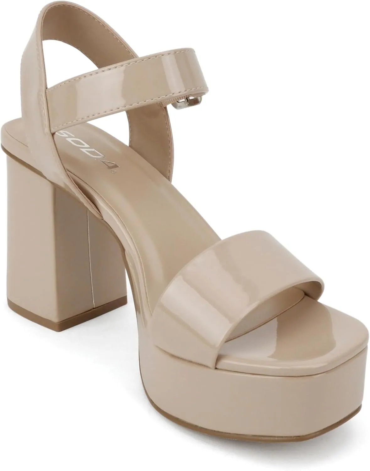 Soda MACEY ~ Women Open Square Toe Single Band High Heel Platform Dress Sandal with Adjustable Ankle Strap