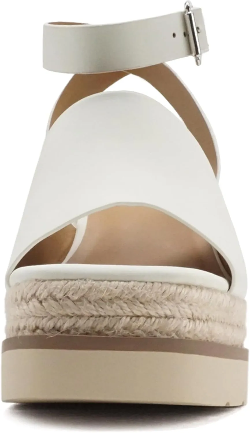 Soda Stella ~ Women Square Peep Toe Single Band Platform Espadrille Wedge Sandals with Adjustable Ankle Strap