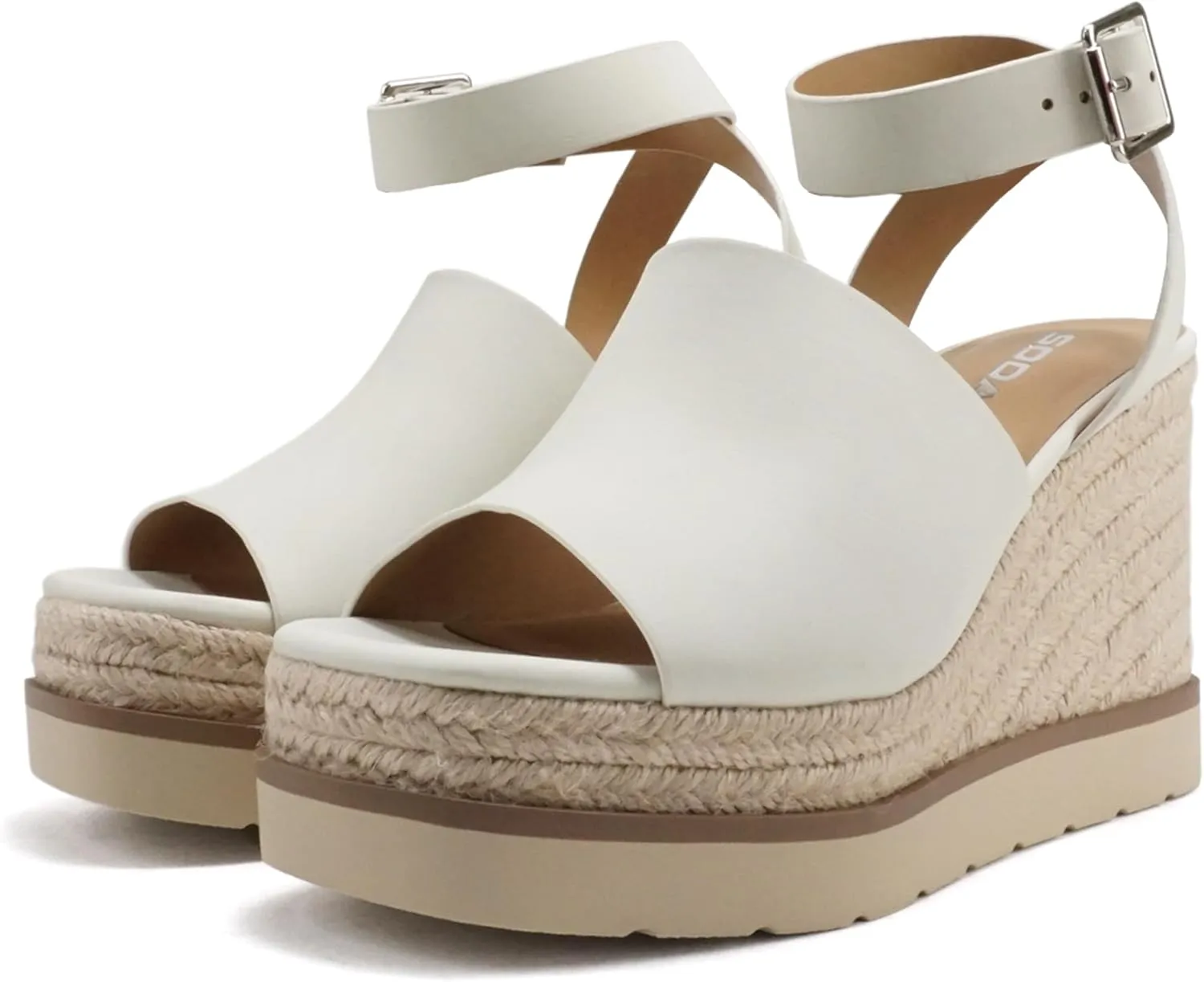 Soda Stella ~ Women Square Peep Toe Single Band Platform Espadrille Wedge Sandals with Adjustable Ankle Strap