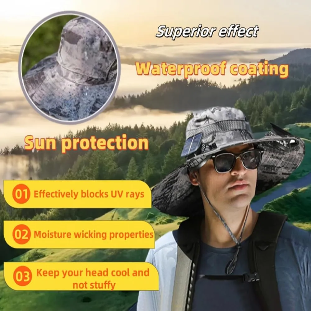 Solar Fan Hat Wide Brim Solar Fan Hat Outdoor Wide Brim Sun Hat with 2 Solar Fan Fishing Hat - Removable & USB Charging Fan