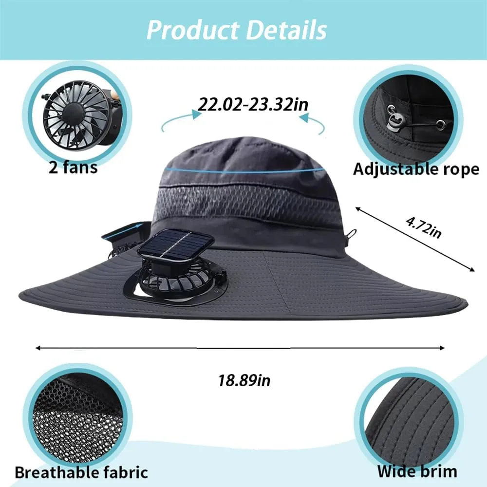 Solar Fan Hat Wide Brim Solar Fan Hat Outdoor Wide Brim Sun Hat with 2 Solar Fan Fishing Hat - Removable & USB Charging Fan