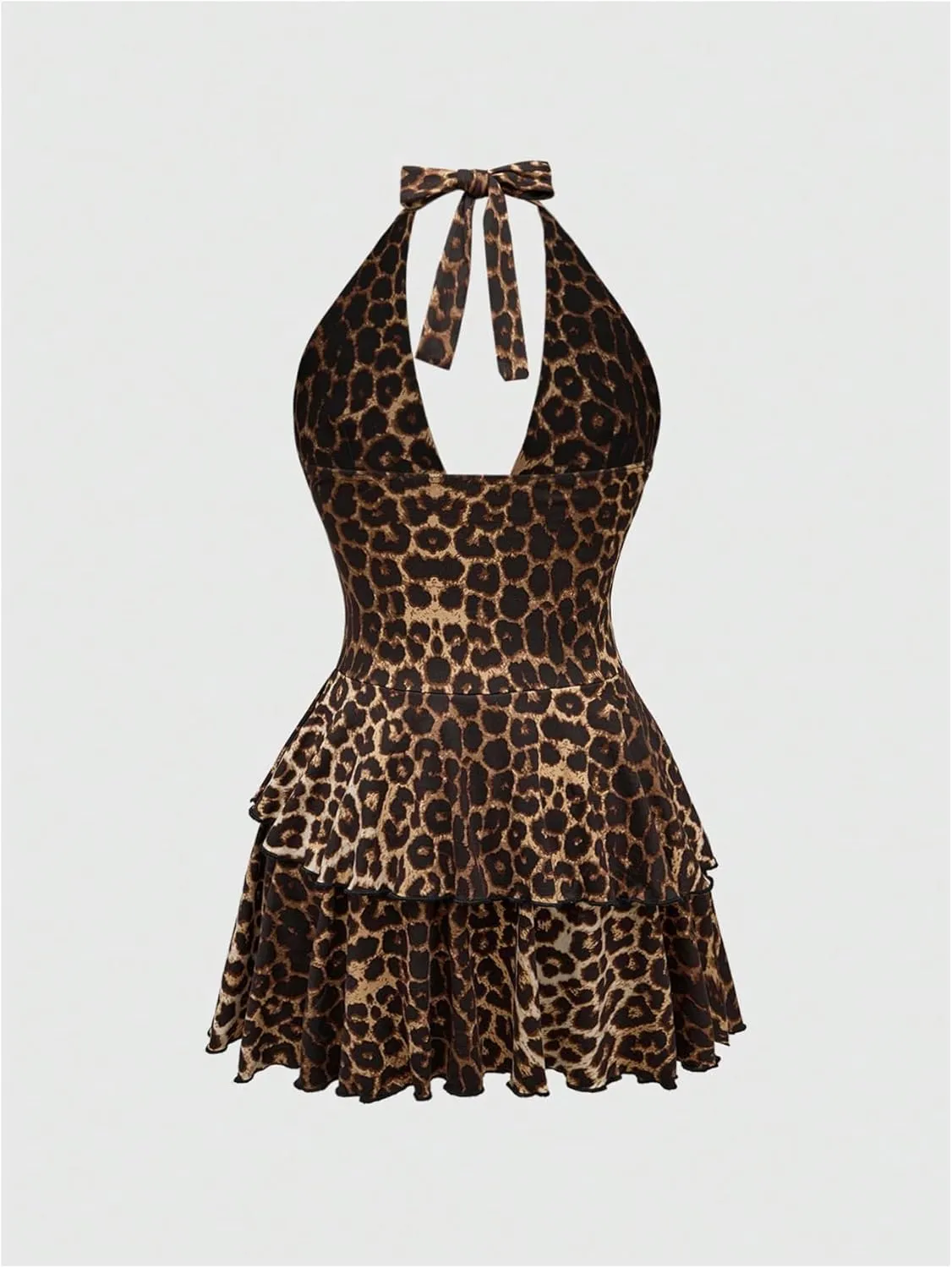 SOLY HUX Women's Leopard Print Halter Dress Y2k Gothic Deep V Neck Layered Ruffle Mini Dresses