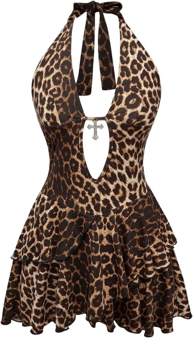 SOLY HUX Women's Leopard Print Halter Dress Y2k Gothic Deep V Neck Layered Ruffle Mini Dresses
