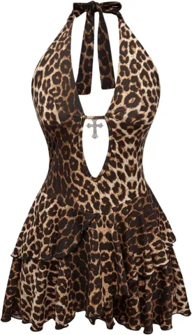 SOLY HUX Women's Leopard Print Halter Dress Y2k Gothic Deep V Neck Layered Ruffle Mini Dresses