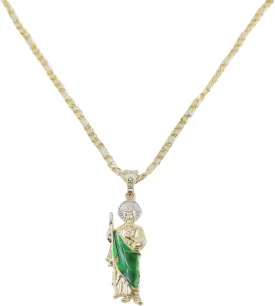 St Jude Pendant Necklace - San Judas Tadeo Gold Plated Religious Jewelry, Mexican Esclava Charm Figaro Chain with 4 Colors (Gold/Pink/Green/Silver) for Spiritual Devotion