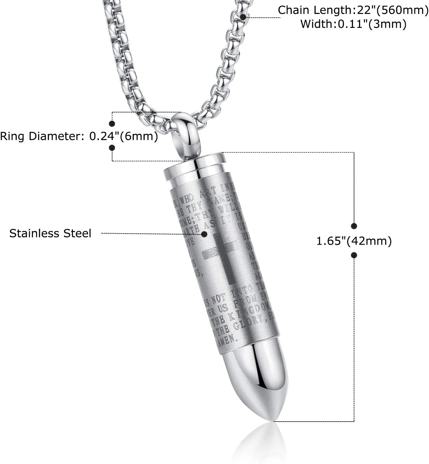 Stainless Steel Urn Necklace For Ashes Bullet Shaped Cremation Urn Jewelry Lords Prayer Mens Urn Pendant Necklace Waterproof