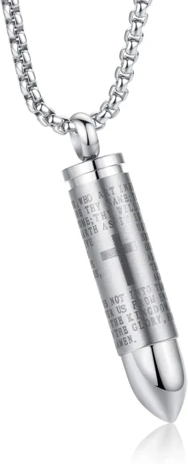 Stainless Steel Urn Necklace For Ashes Bullet Shaped Cremation Urn Jewelry Lords Prayer Mens Urn Pendant Necklace Waterproof