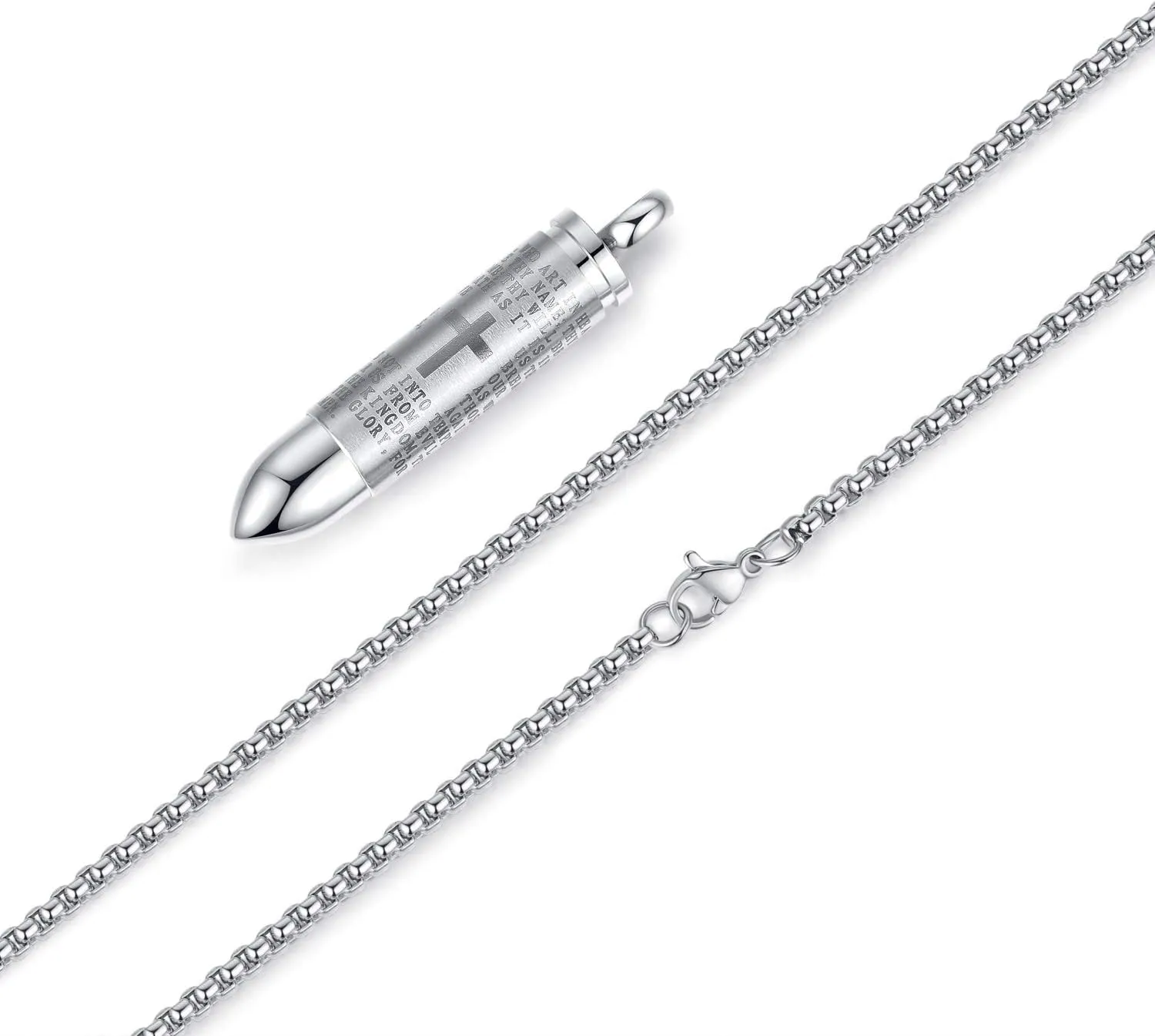 Stainless Steel Urn Necklace For Ashes Bullet Shaped Cremation Urn Jewelry Lords Prayer Mens Urn Pendant Necklace Waterproof