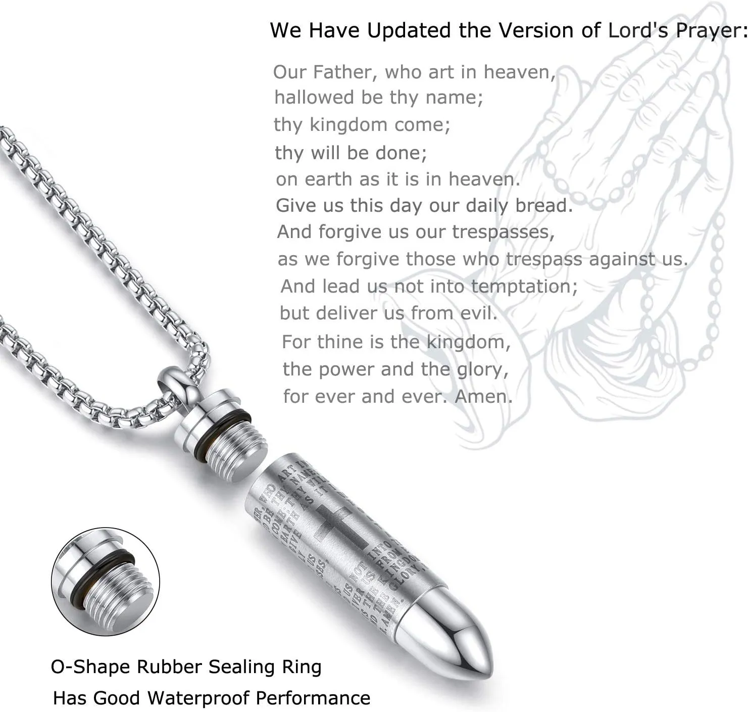Stainless Steel Urn Necklace For Ashes Bullet Shaped Cremation Urn Jewelry Lords Prayer Mens Urn Pendant Necklace Waterproof