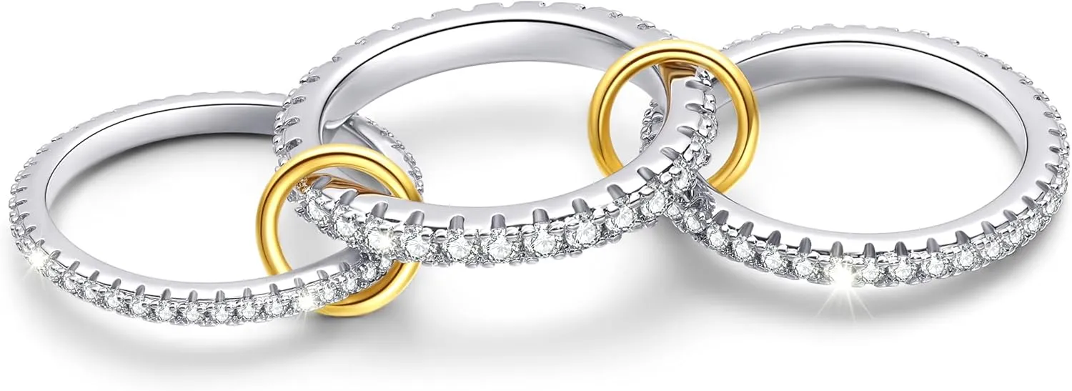 Sterling Silver Cubic Zirconia Stackable Rings for Women  Silver Gold Multi Ring Interlocked 3-Piece Set, Non-Tarnish Dainty Cubic Zirconia Bands Two-Toned Stacking Jewelry
