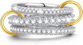 Sterling Silver Cubic Zirconia Stackable Rings for Women  Silver Gold Multi Ring Interlocked 3-Piece Set, Non-Tarnish Dainty Cubic Zirconia Bands Two-Toned Stacking Jewelry