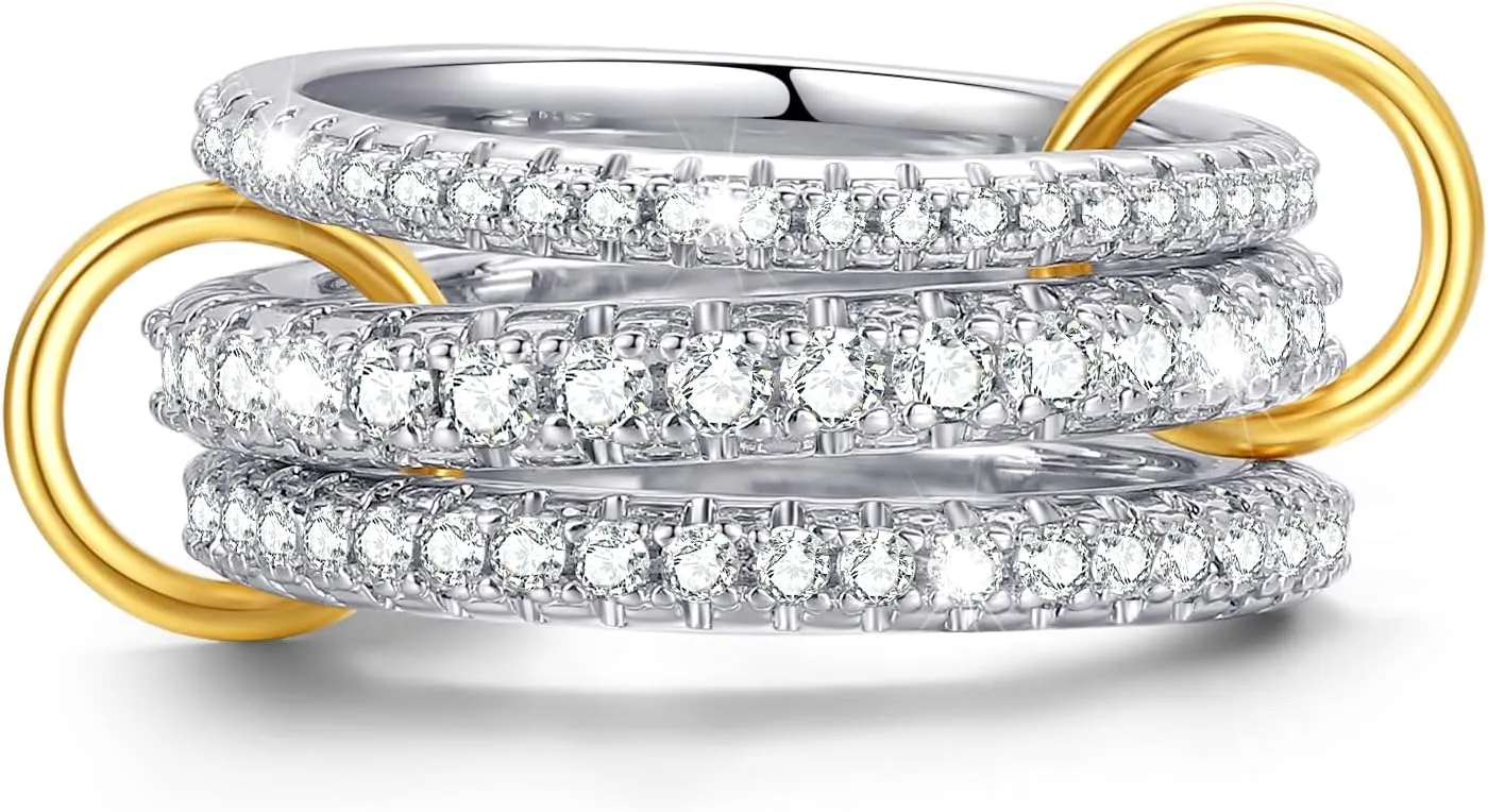 Sterling Silver Cubic Zirconia Stackable Rings for Women  Silver Gold Multi Ring Interlocked 3-Piece Set, Non-Tarnish Dainty Cubic Zirconia Bands Two-Toned Stacking Jewelry