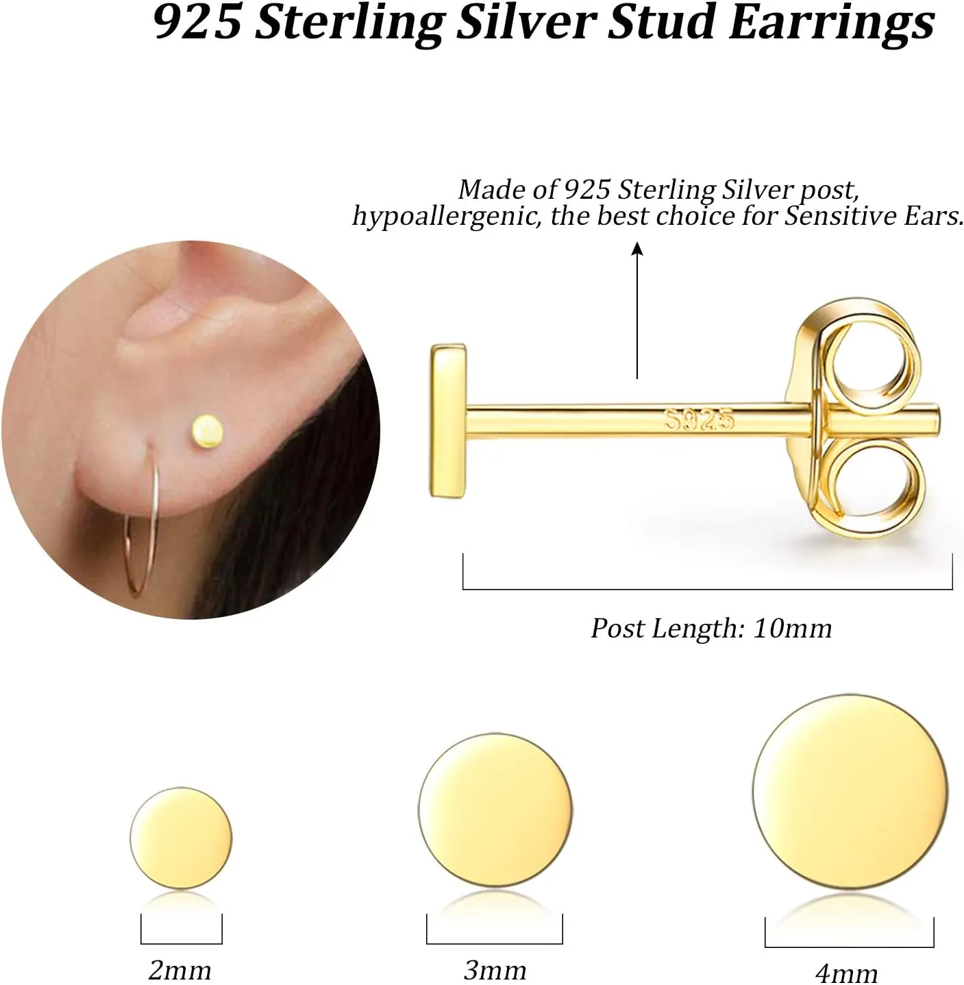 Sterling Silver Stud Earrings for Women Men, 3 Pairs Tiny Flat Dot Earrings Set | Small Round Disc Stud Earrings Dainty Cartilage Tragus Circle Triangle Earrings(Silver/Gold/Rose Gold)