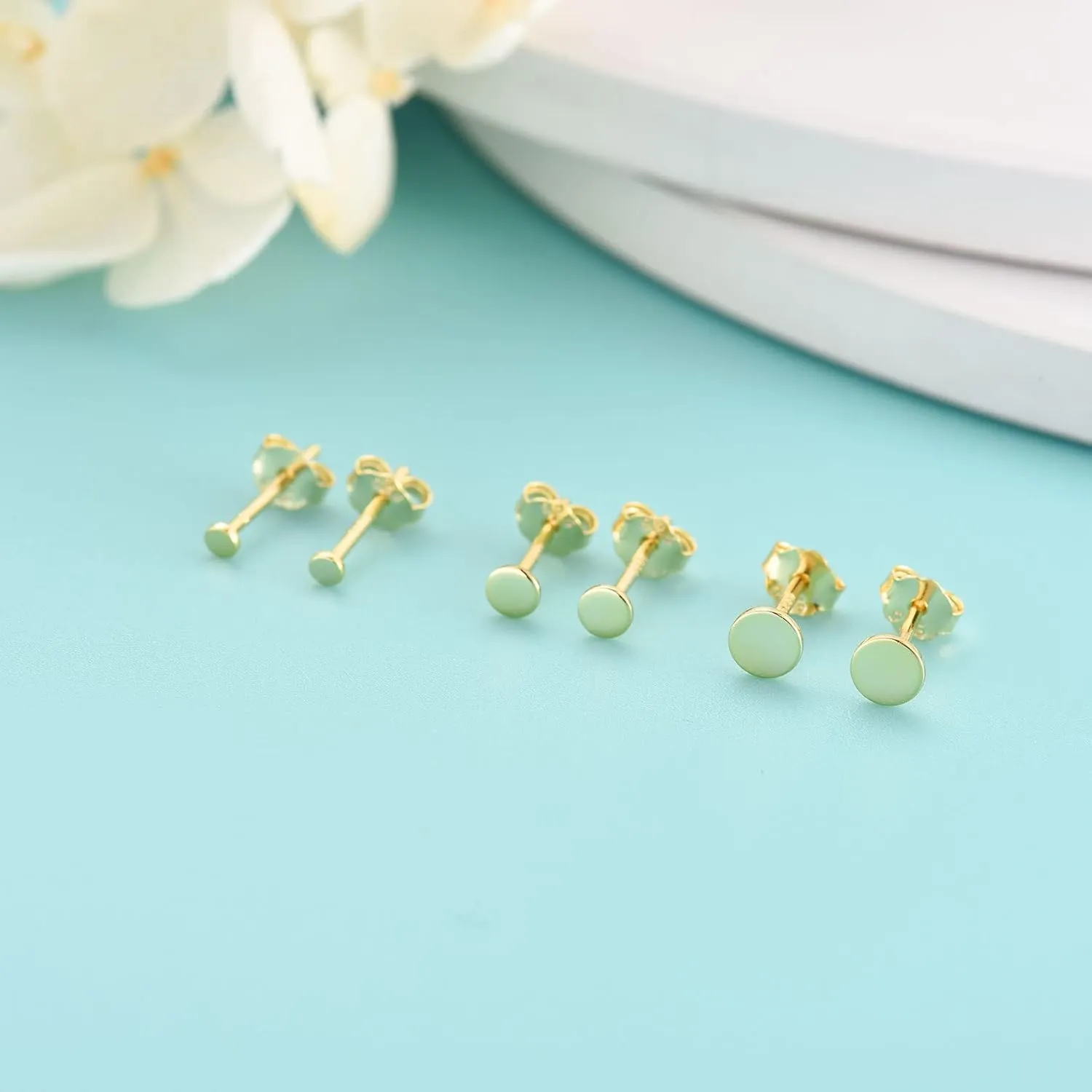 Sterling Silver Stud Earrings for Women Men, 3 Pairs Tiny Flat Dot Earrings Set | Small Round Disc Stud Earrings Dainty Cartilage Tragus Circle Triangle Earrings(Silver/Gold/Rose Gold)