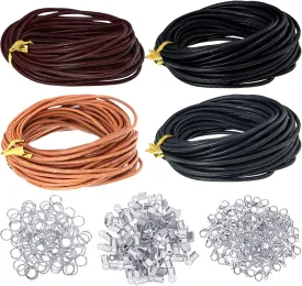 Syhood 254 Pcs Round Leather Cord for Jewelry Making Kit, 4 Pcs 24 Meters 2 mm Wide Leather Cord Rope and 250 Pieces Jewelry Findings Necklace Bracelets Craft Twine Accessories(Eye-catching Colors)