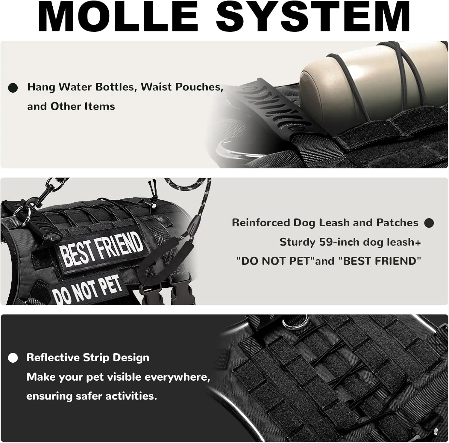 Tactical Dog Harness for Small Dogs,No Pull Dog Harness and Leash Set,Patches,Reflective Function,Dog Vest Harness for Training and Walking,Black S