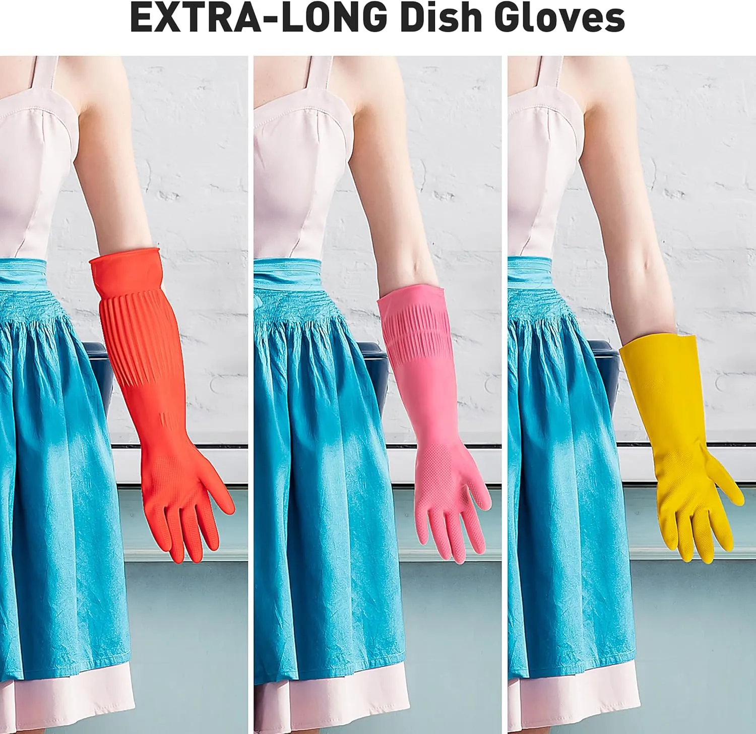 ThxToms Rubber Dishwashing Cleaning Gloves (2-Pair) - Soft Fleece Lining, Reusable, Waterproof with Extra-Long Cuff & Non-Slip Grip for Household & Kitchen Use - Medium