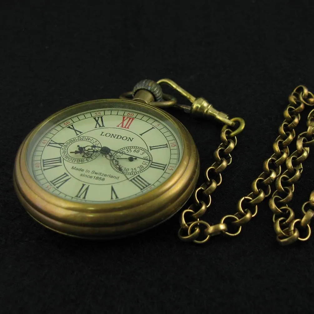 VIGOROSO Men's Vintage Full Copper Hand-Wind Mechanical Second&24hours Sub-dials Pocket Watch in Box