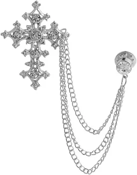 Vintage Cross Tassel Chain Brooch Collar Pin,Crystal Rhinestone Cross Long Chain Lapel Pin,Suit Coat Breastpin Jewelry for Women Men (Silver)